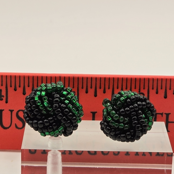 Vintage Emerald Green Black Beaded Knot Stud Earrings Boho Studs Seed Bead - Picture 4 of 5